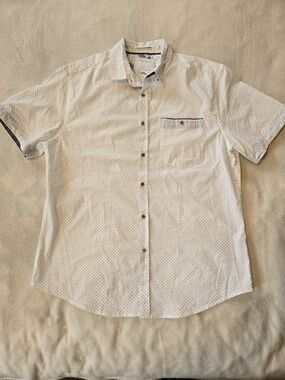 Denim & Flower Short-Sleeve Button-Up Shirt in White with Navy Micro Dots